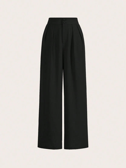 Frenchy Summer High-Waisted Pants Multi-Piece Set, Wide Leg Pants High Waist Fold Pleated Wide Leg Pants, Loose Fit, Long Pants Chic Green Casual Christmas