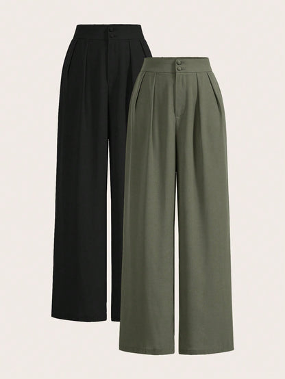 Frenchy Summer High-Waisted Pants Multi-Piece Set, Wide Leg Pants High Waist Fold Pleated Wide Leg Pants, Loose Fit, Long Pants Chic Green Casual Christmas