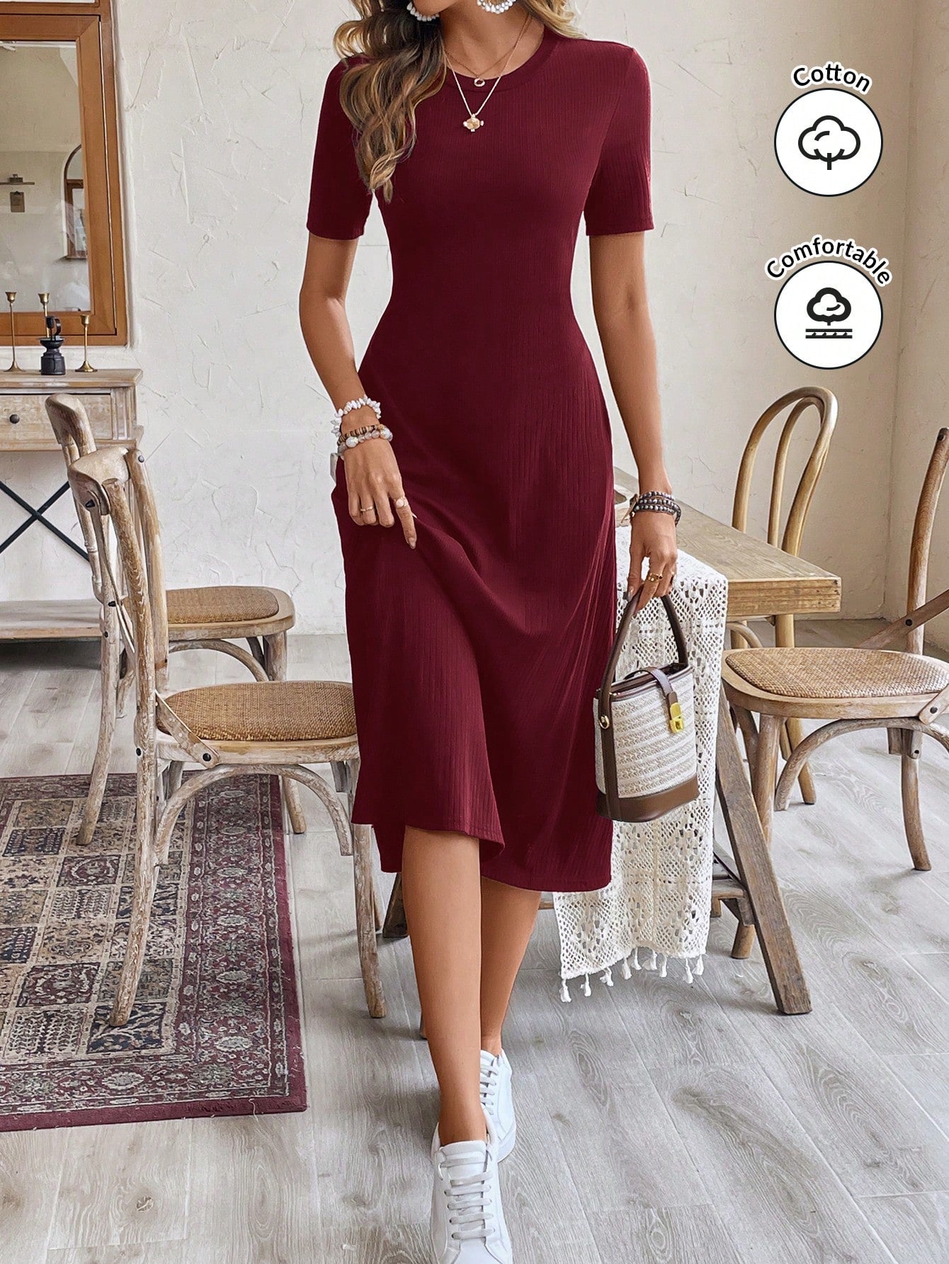 Frenchy Women Burgundy Red Summer Casual Long Dress,Short-Sleeve Round Neck Simple Minimalist Work Office Clothes,Old Money Brunch Vacation Holiday