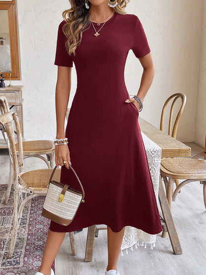 Frenchy Women Burgundy Red Summer Casual Long Dress,Short-Sleeve Round Neck Simple Minimalist Work Office Clothes,Old Money Brunch Vacation Holiday