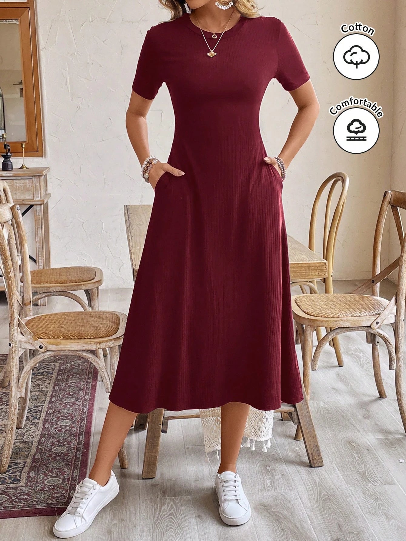 Frenchy Women Burgundy Red Summer Casual Long Dress,Short-Sleeve Round Neck Simple Minimalist Work Office Clothes,Old Money Brunch Vacation Holiday