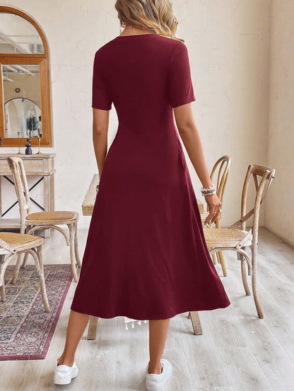 Frenchy Women Burgundy Red Summer Casual Long Dress,Short-Sleeve Round Neck Simple Minimalist Work Office Clothes,Old Money Brunch Vacation Holiday