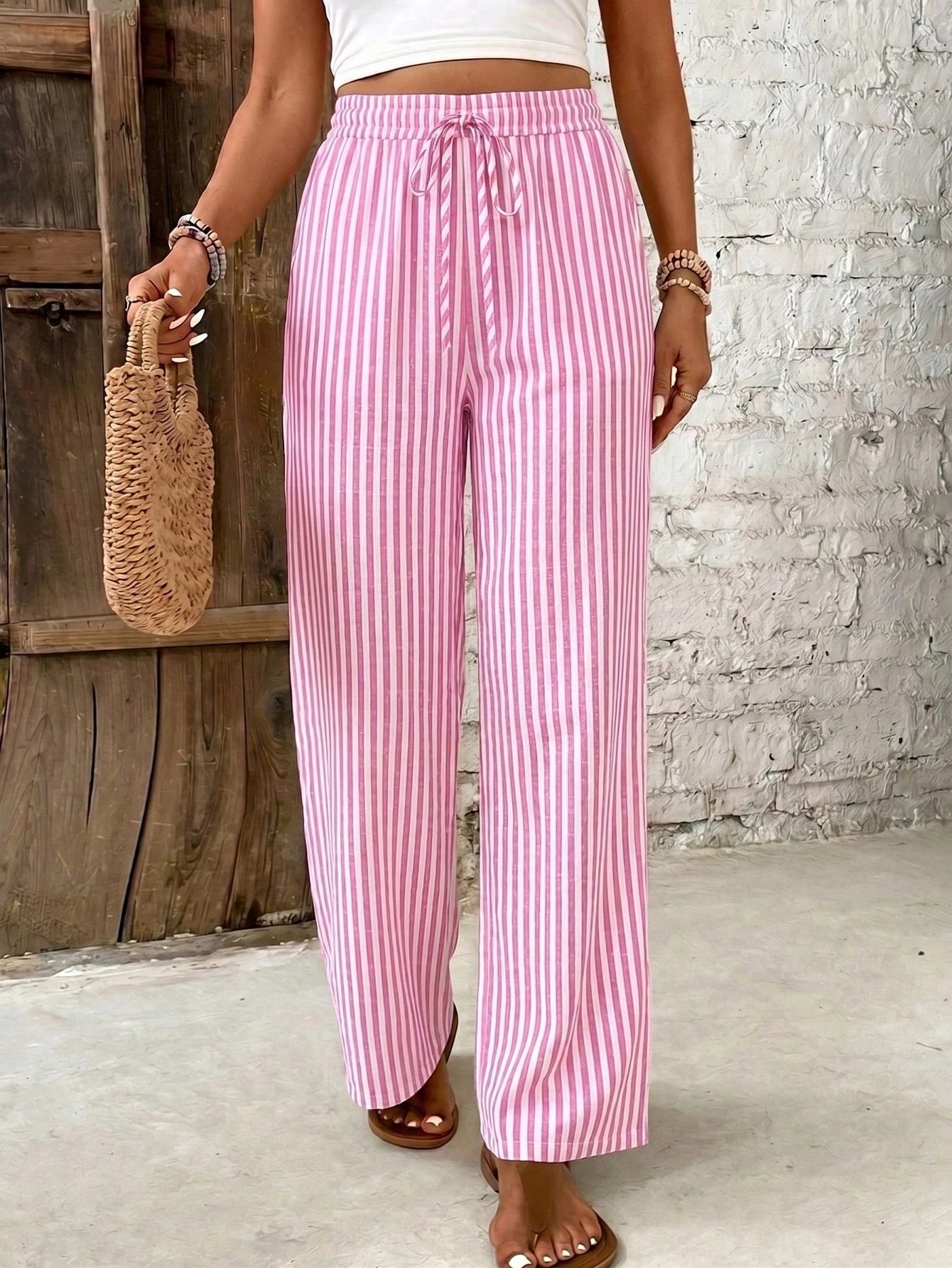 Frenchy Women's Casual Minimalist Pink & White Pants, 16% Cotton, Suitable For Summer