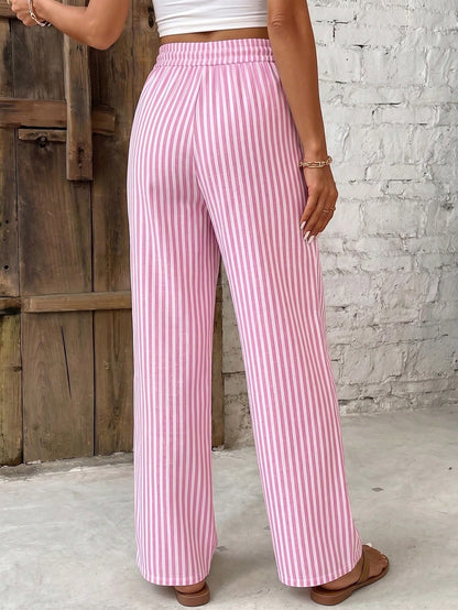 Frenchy Women's Casual Minimalist Pink & White Pants, 16% Cotton, Suitable For Summer