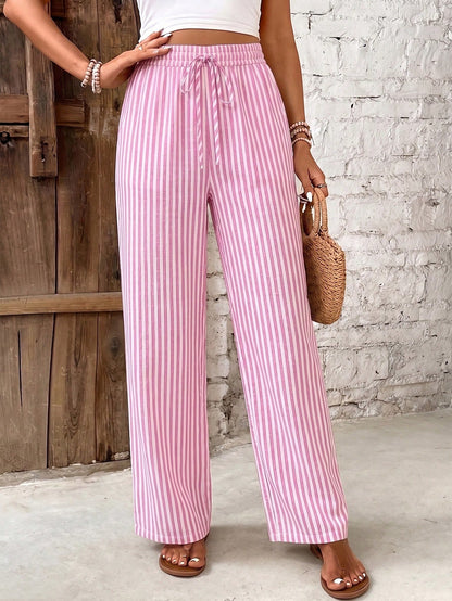 Frenchy Women's Casual Minimalist Pink & White Pants, 16% Cotton, Suitable For Summer