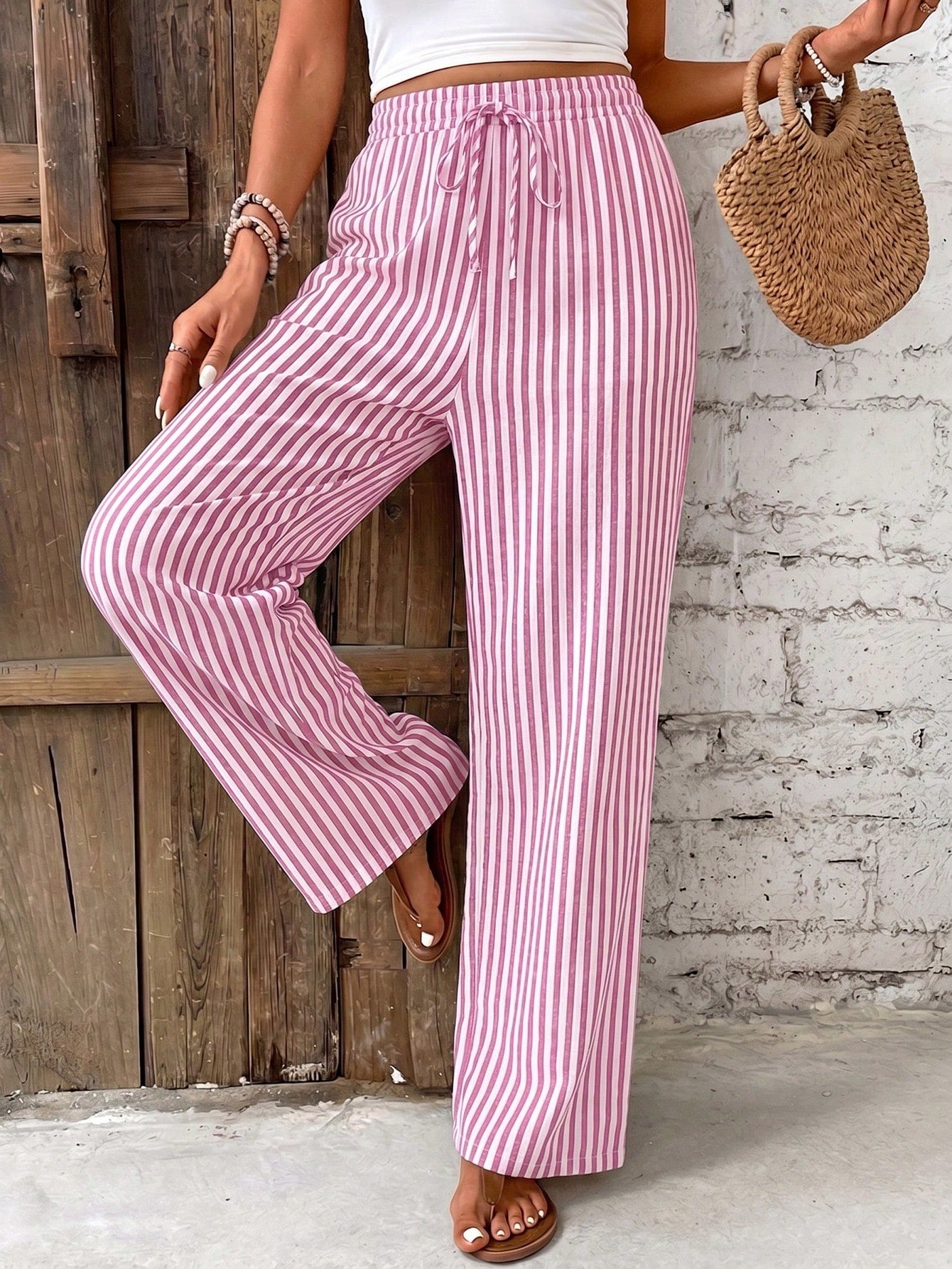 Frenchy Women's Casual Minimalist Pink & White Pants, 16% Cotton, Suitable For Summer