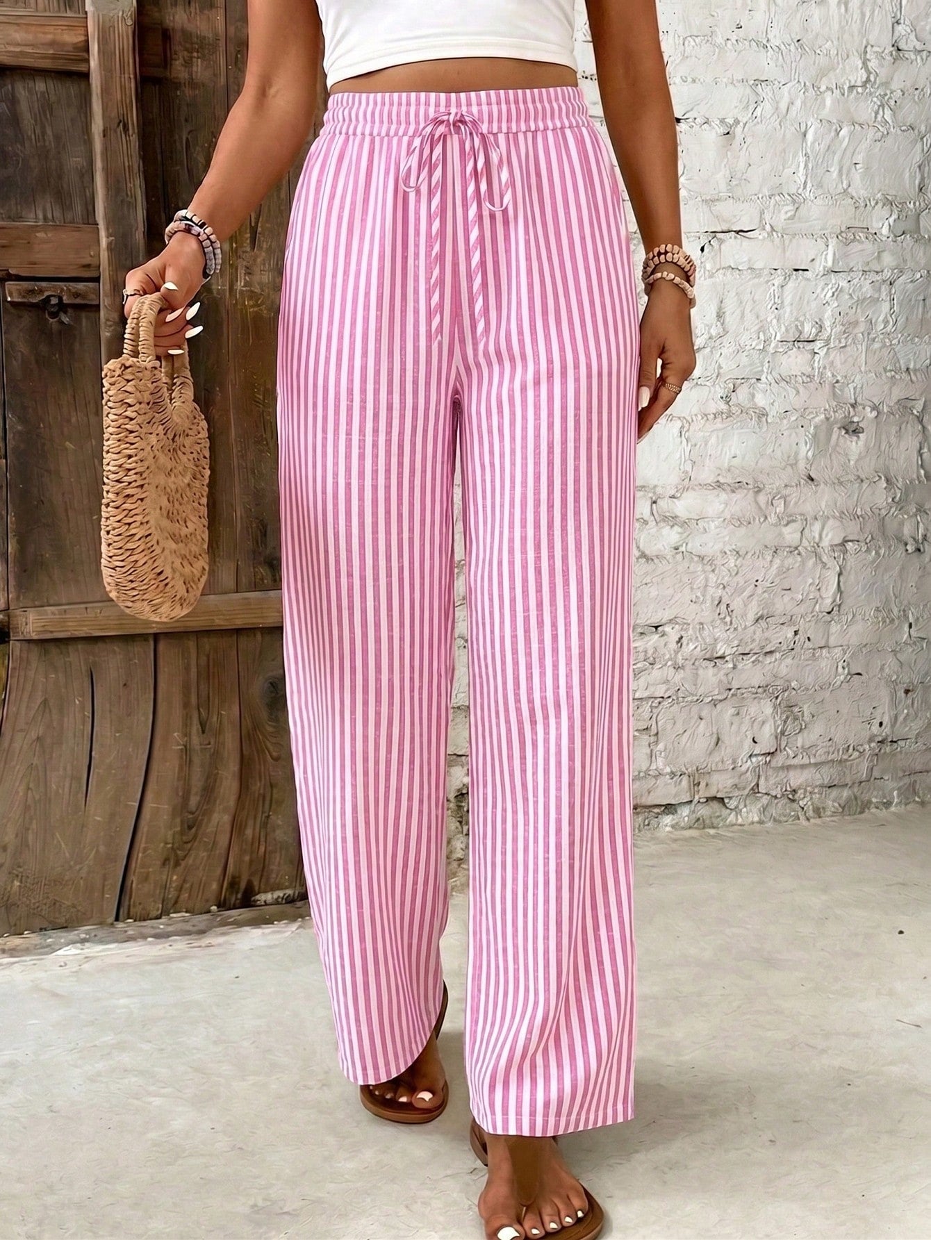 Frenchy Women's Casual Minimalist Pink & White Pants, 16% Cotton, Suitable For Summer