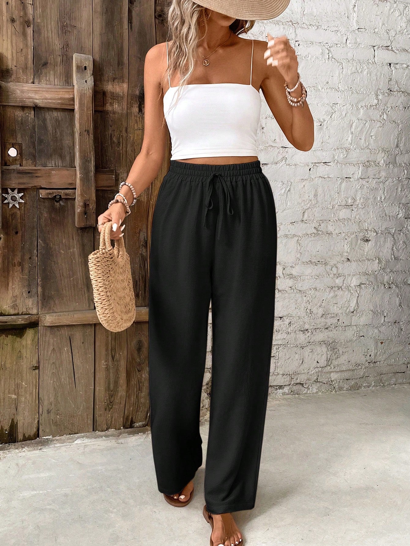 Frenchy Women's Solid Color Knot Detail Casual Vacation Pants Winter Brown Spring Holiday Resort