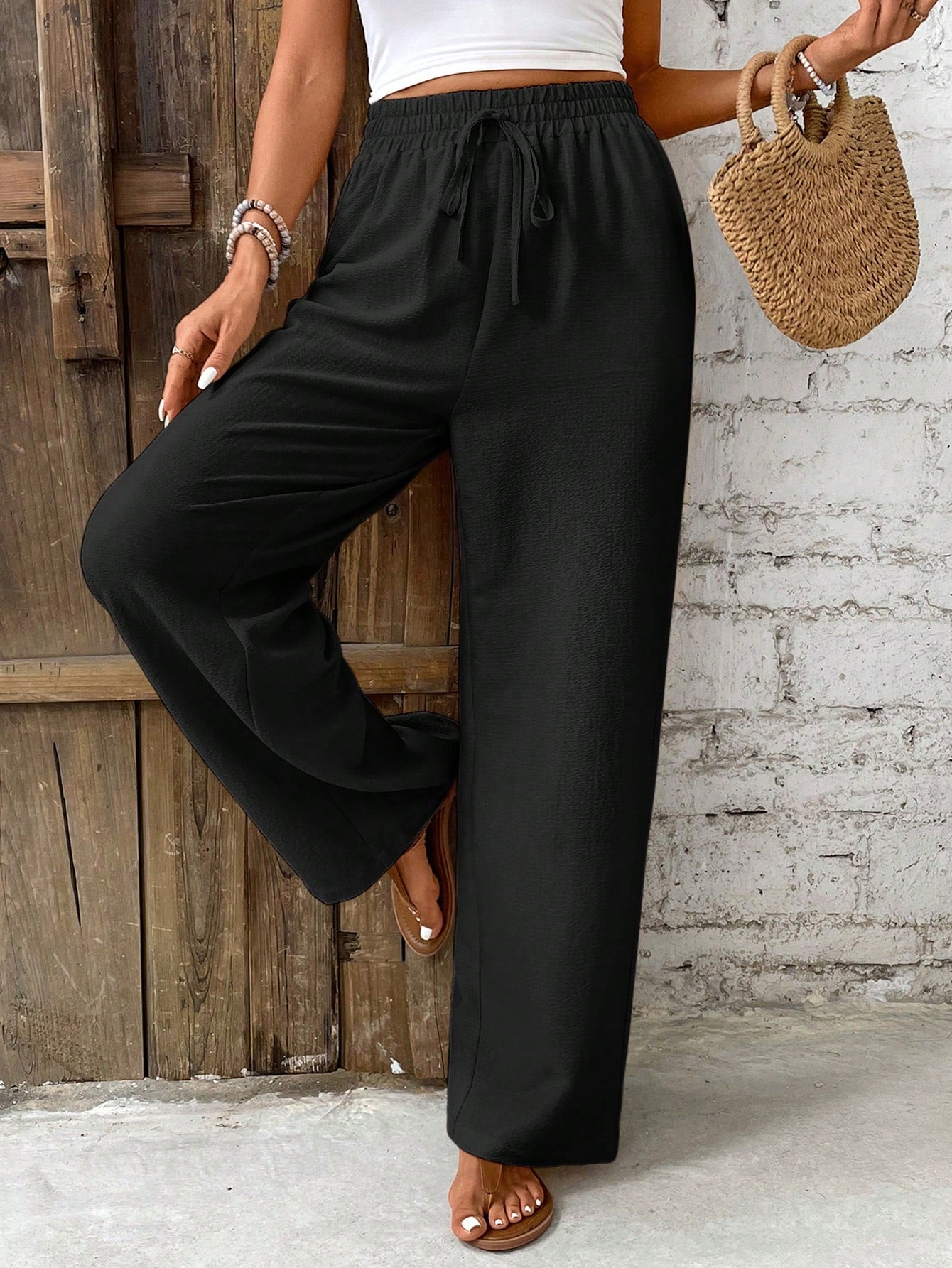 Frenchy Women's Solid Color Knot Detail Casual Vacation Pants Winter Brown Spring Holiday Resort