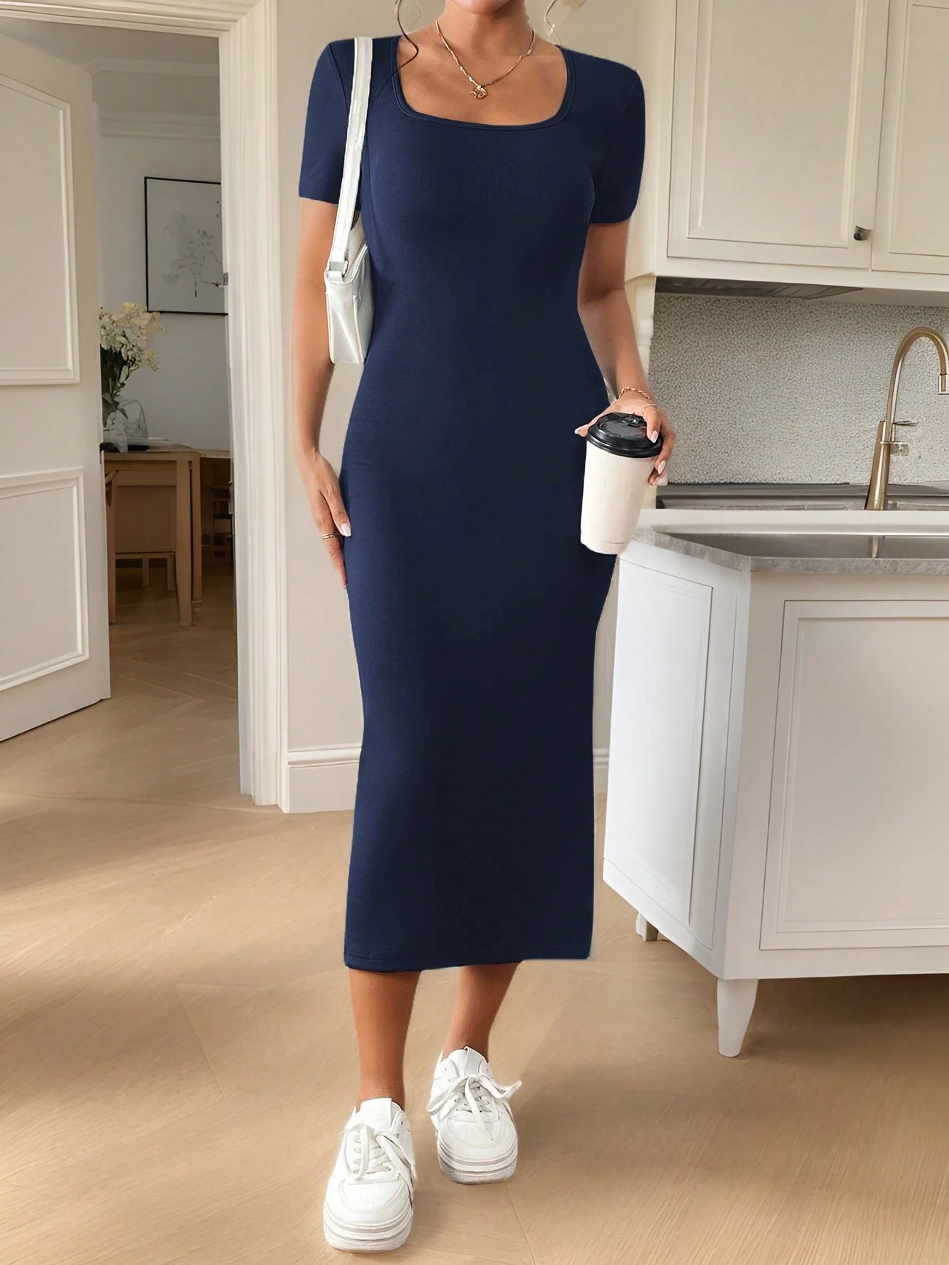 Frenchy Women's Solid Color Square Neck Ribbed Side Slit Short Sleeve Mini Dress Summer Casual Blue