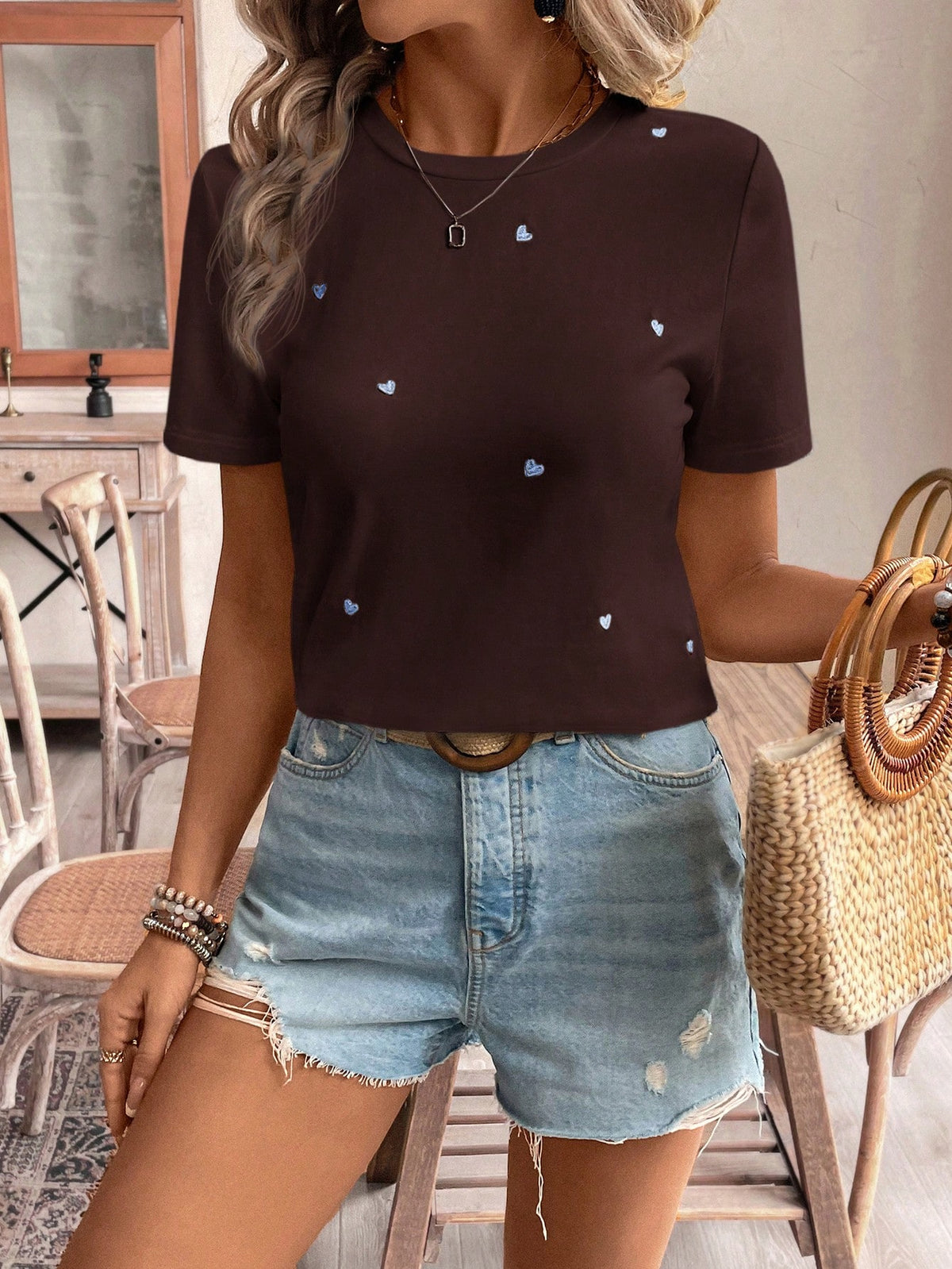 Frenchy Women Thread Embroidery Heart Print Casual Daily Wear Short Sleeve T-Shirt,Summer T Shirts Cotton Tea Party Attire Embroidered Top Tops