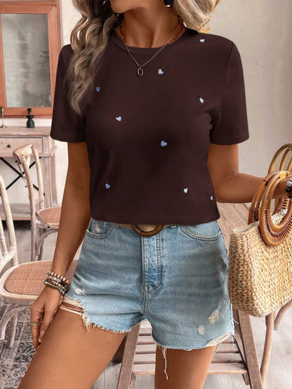 Frenchy Women Thread Embroidery Heart Print Casual Daily Wear Short Sleeve T-Shirt,Summer T Shirts Cotton Tea Party Attire Embroidered Top Tops
