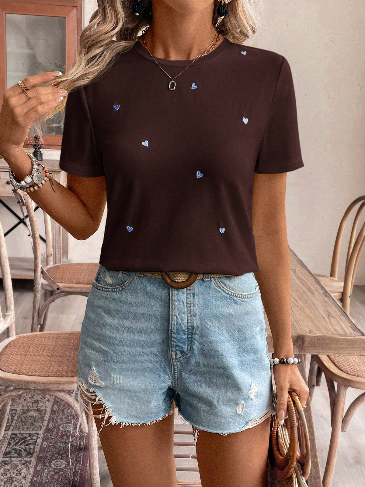Frenchy Women Thread Embroidery Heart Print Casual Daily Wear Short Sleeve T-Shirt,Summer T Shirts Cotton Tea Party Attire Embroidered Top Tops