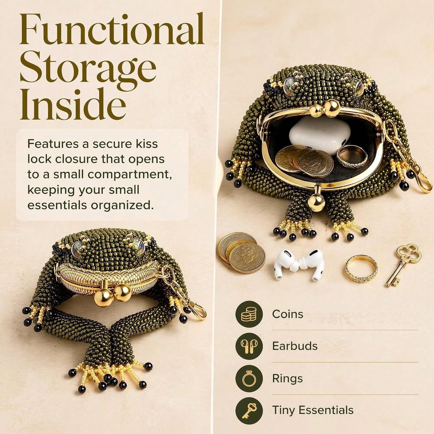Frog Coin Purse, Beaded Kiss Lock Keychain Pouch With Lucky Toad Design| Cute Mini Bag Charm For Coins Earbuds Rings