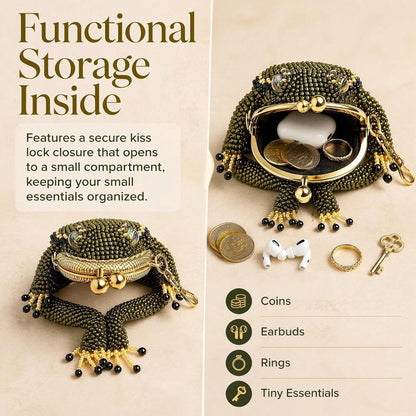 Frog Coin Purse, Beaded Kiss Lock Keychain Pouch With Lucky Toad Design| Cute Mini Bag Charm For Coins Earbuds Rings