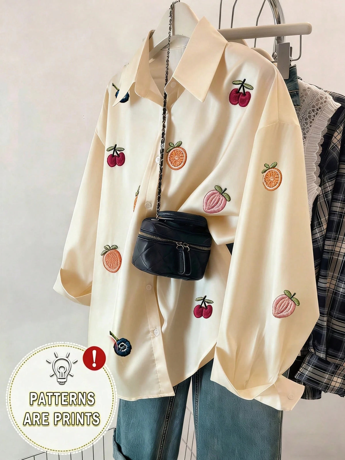 Fruit Embroidery Front Button Casual Long Sleeve Shirt