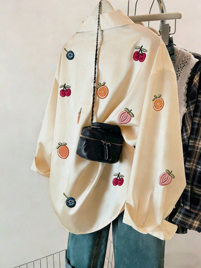 Fruit Embroidery Front Button Casual Long Sleeve Shirt