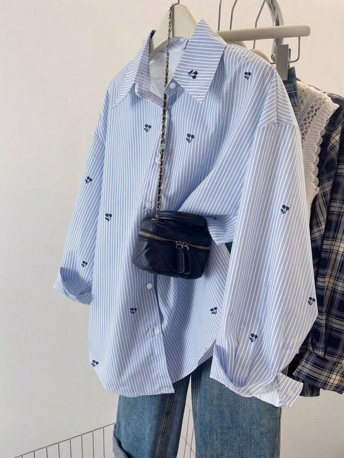 Fruit Embroidery Front Button Casual Long Sleeve Shirt