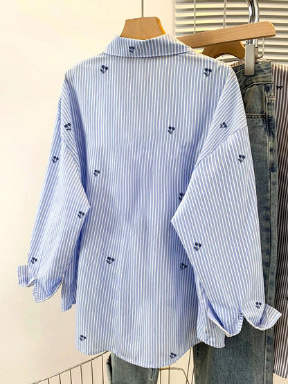 Fruit Embroidery Front Button Casual Long Sleeve Shirt