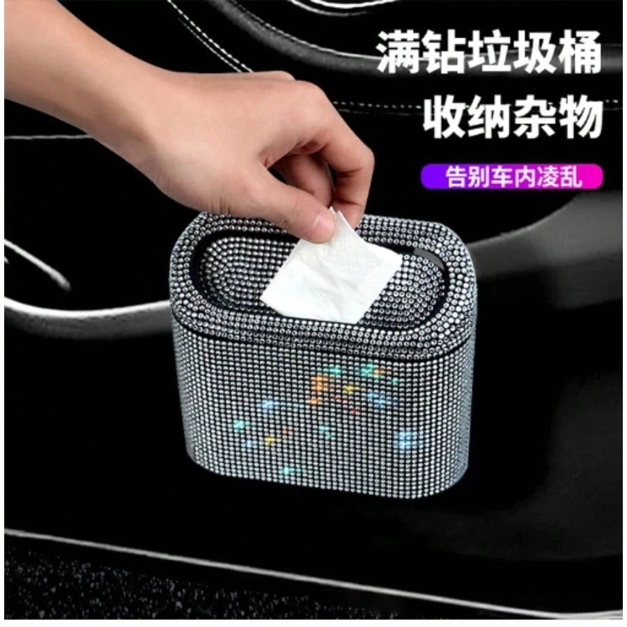 Full Rhinestone Car Flip Trash Can, Bling Diamond Inlaid Vehicle Storage Bucket, Creative Auto Organizer Box, Universal For Car Interior