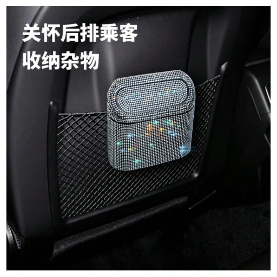 Full Rhinestone Car Flip Trash Can, Bling Diamond Inlaid Vehicle Storage Bucket, Creative Auto Organizer Box, Universal For Car Interior
