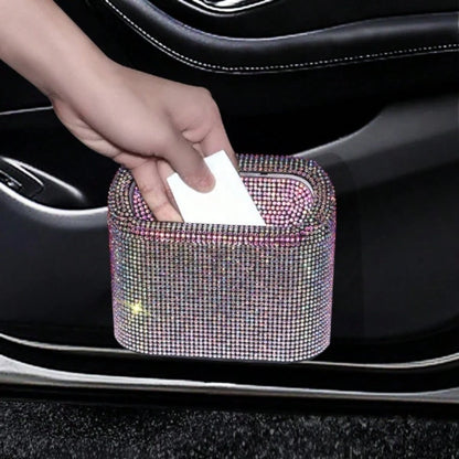 Full Rhinestone Car Flip Trash Can, Bling Diamond Inlaid Vehicle Storage Bucket, Creative Auto Organizer Box, Universal For Car Interior