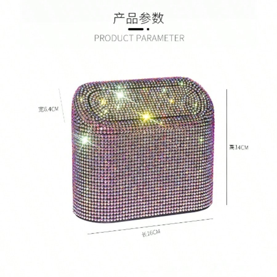 Full Rhinestone Car Flip Trash Can, Bling Diamond Inlaid Vehicle Storage Bucket, Creative Auto Organizer Box, Universal For Car Interior