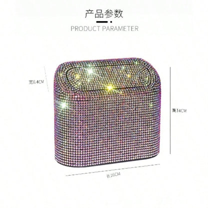 Full Rhinestone Car Flip Trash Can, Bling Diamond Inlaid Vehicle Storage Bucket, Creative Auto Organizer Box, Universal For Car Interior