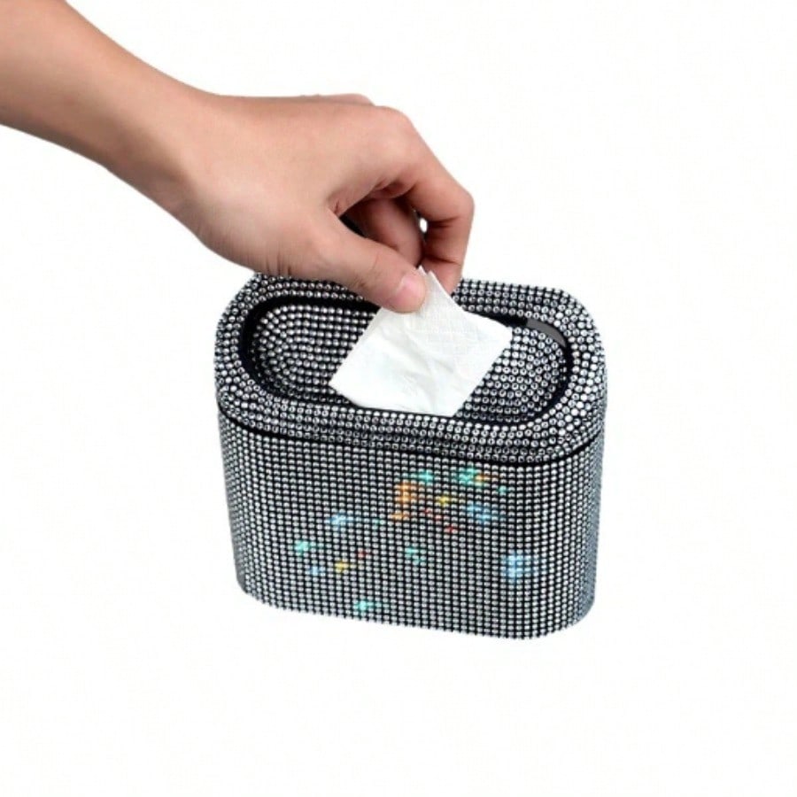 Full Rhinestone Car Flip Trash Can, Bling Diamond Inlaid Vehicle Storage Bucket, Creative Auto Organizer Box, Universal For Car Interior