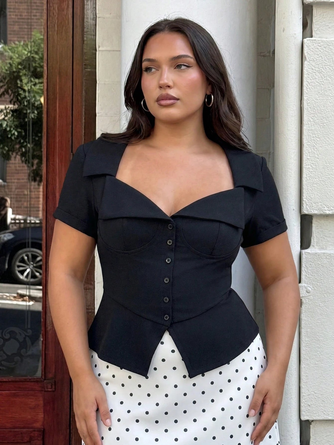 GalTyme Plus Size Women's Solid Color Single-Breasted Short Sleeve Elegant Blouse Teachers' Day Evening Formal Black Summer
