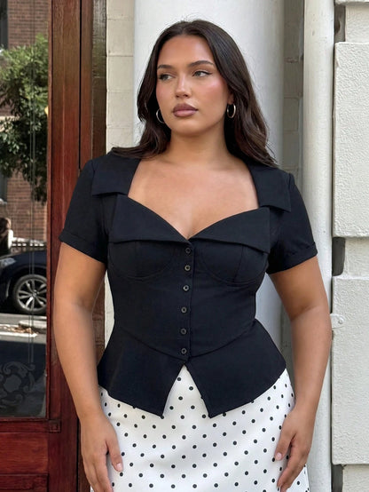 GalTyme Plus Size Women's Solid Color Single-Breasted Short Sleeve Elegant Blouse Teachers' Day Evening Formal Black Summer