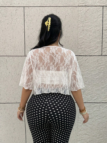 GalTyme Plus Size Women's Summer Beach Vacation Sheer Lace Front Tie Cropped Top