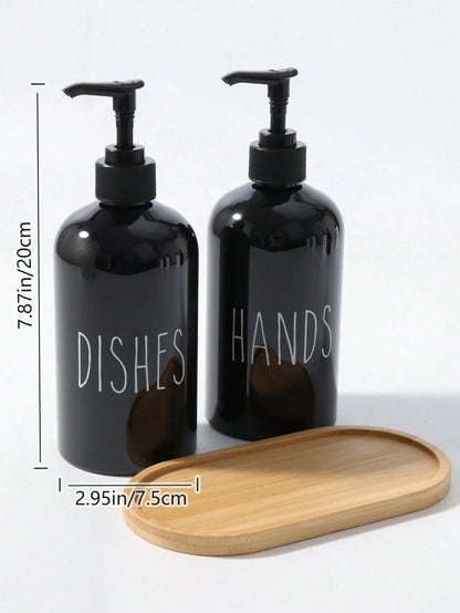 GAONLY 2 Pieces Liquid Hand Soap And Dish Soap Set- Kitchen Soap Dispenser Set With Tray- Bamboo Soap Dispenser For Kitchen Sink- Boho Kitchen Decor, Modern Decor (Black/White) Home Bathroom Decor