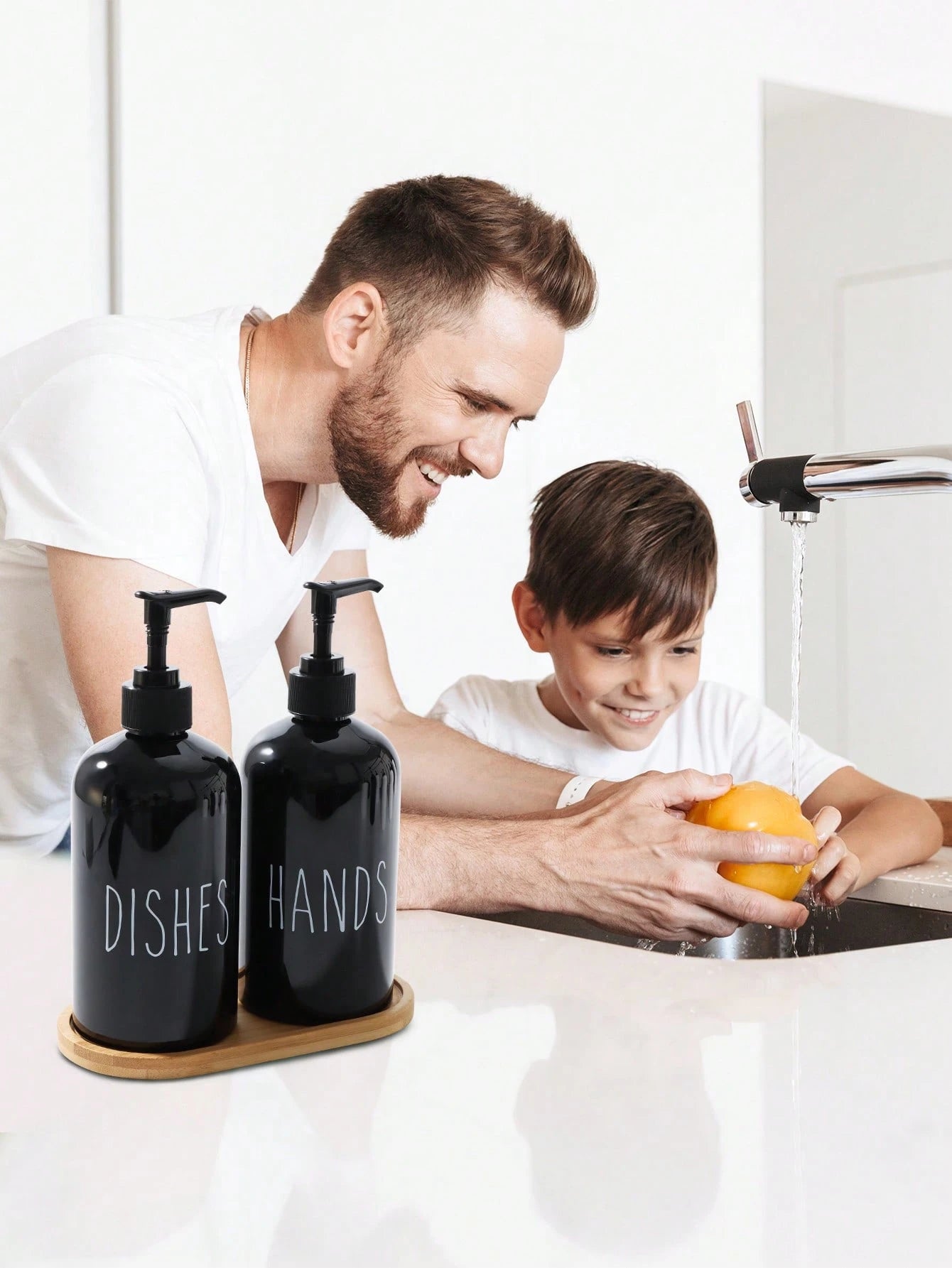 GAONLY 2 Pieces Liquid Hand Soap And Dish Soap Set- Kitchen Soap Dispenser Set With Tray- Bamboo Soap Dispenser For Kitchen Sink- Boho Kitchen Decor, Modern Decor (Black/White) Home Bathroom Decor