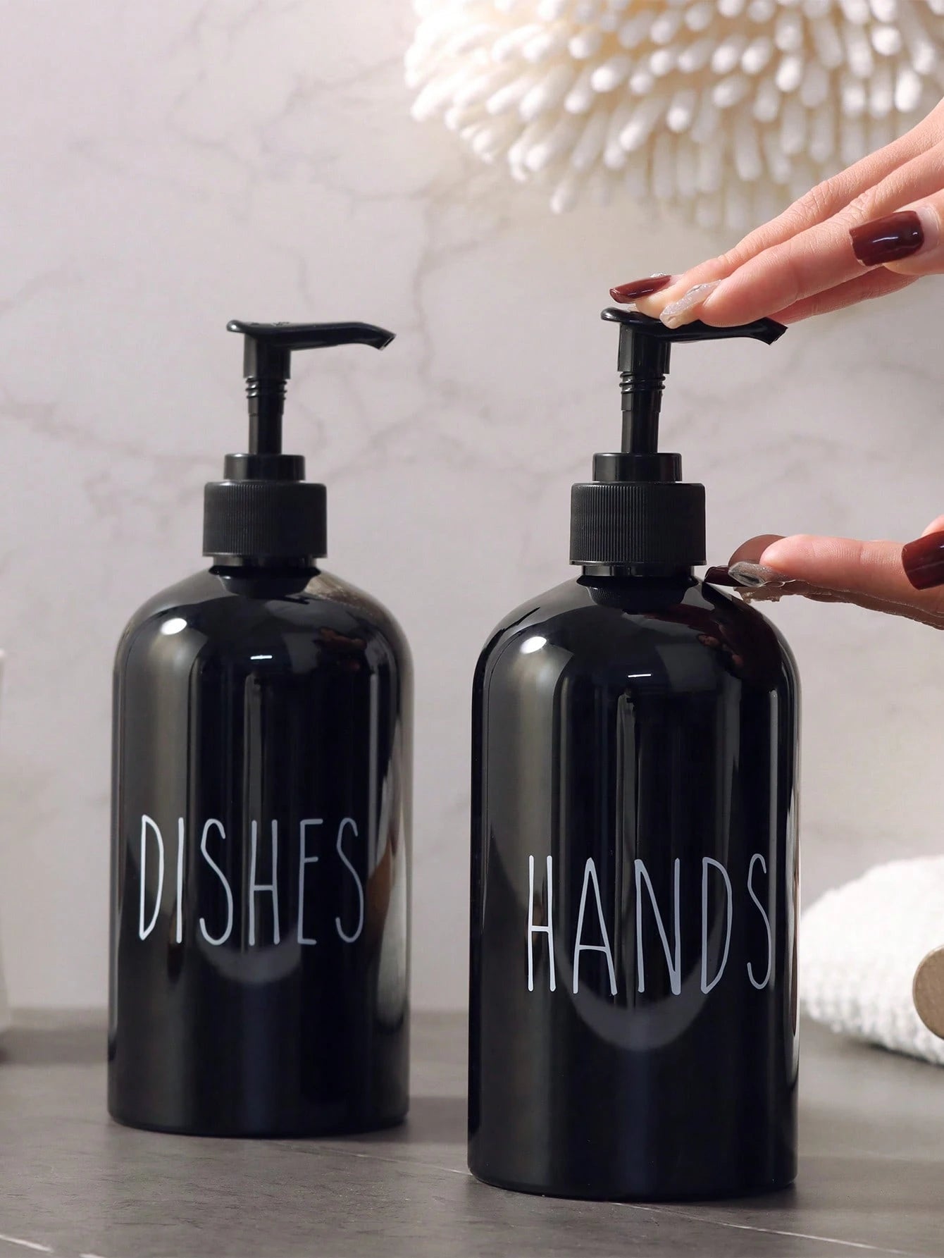 GAONLY 2 Pieces Liquid Hand Soap And Dish Soap Set- Kitchen Soap Dispenser Set With Tray- Bamboo Soap Dispenser For Kitchen Sink- Boho Kitchen Decor, Modern Decor (Black/White) Home Bathroom Decor