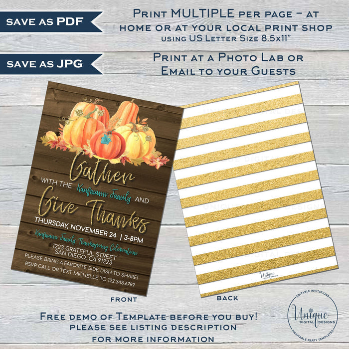 Gather and Give Thanks Friendsgiving Invitation, Editable Potluck Invite, Thanksgiving Feast Dinner Party, Turkey Pumpkin Pie Lunch INSTANT