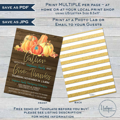 Gather and Give Thanks Friendsgiving Invitation, Editable Potluck Invite, Thanksgiving Feast Dinner Party, Turkey Pumpkin Pie Lunch INSTANT