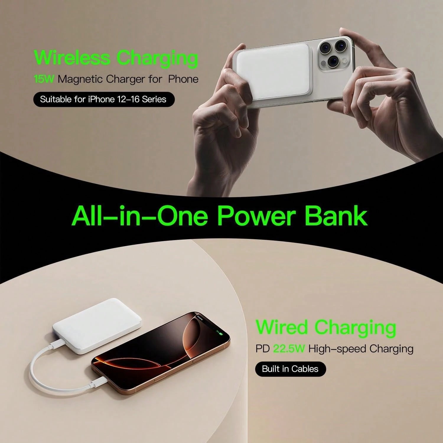 GAWFOLK Mobile Portable Power Bank 5000/10000mAh Magnetic Wireless Charger For IPhone 17/16/15/14/13 Series- 22.5W Fast Charging With Type-C Input, Wireless Charger & Cargador Portátil Para Celulares