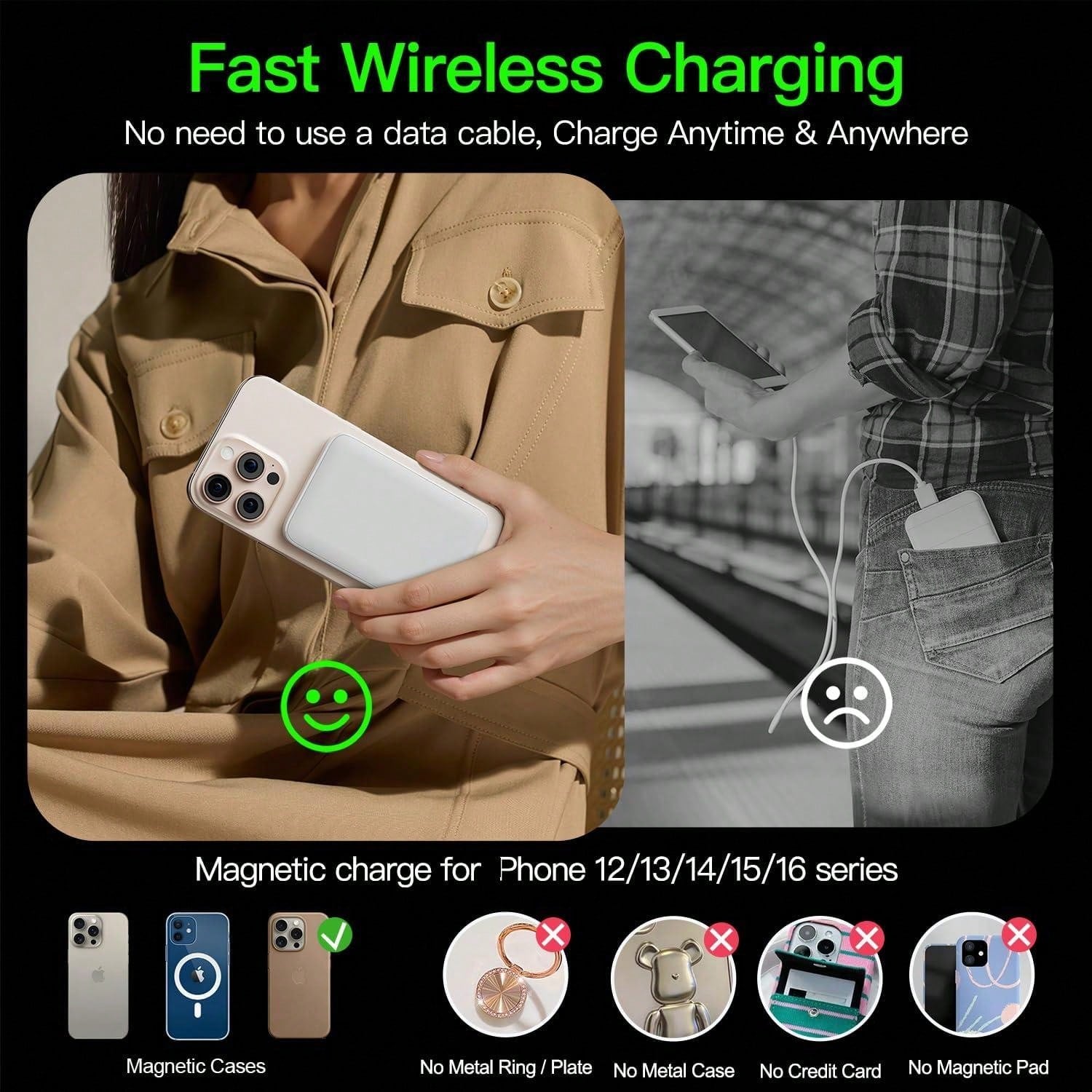 GAWFOLK Mobile Portable Power Bank 5000/10000mAh Magnetic Wireless Charger For IPhone 17/16/15/14/13 Series- 22.5W Fast Charging With Type-C Input, Wireless Charger & Cargador Portátil Para Celulares