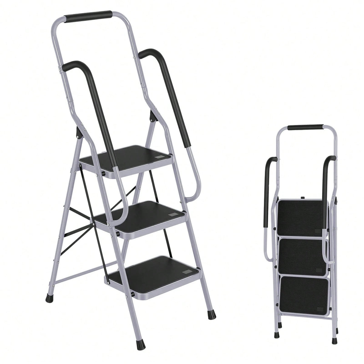 GCCSJ 3 Step Ladder Folding Step Stool,Ladder With Handrails.3 Step Ladder With Handrails, Sturdy Steel Step Ladder 3 Step Folding, Portable Folding Step Stool With S-Afety Lock, 330LBS Capacity Ladde