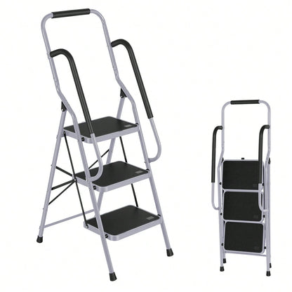 GCCSJ 3 Step Ladder Folding Step Stool,Ladder With Handrails.3 Step Ladder With Handrails, Sturdy Steel Step Ladder 3 Step Folding, Portable Folding Step Stool With S-Afety Lock, 330LBS Capacity Ladde