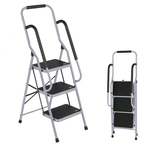 GCCSJ 3 Step Ladder Folding Step Stool,Ladder With Handrails.3 Step Ladder With Handrails, Sturdy Steel Step Ladder 3 Step Folding, Portable Folding Step Stool With S-Afety Lock, 330LBS Capacity Ladde