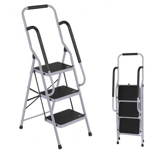 GCCSJ 3 Step Ladder Folding Step Stool,Ladder With Handrails.3 Step Ladder With Handrails, Sturdy Steel Step Ladder 3 Step Folding, Portable Folding Step Stool With S-Afety Lock, 330LBS Capacity Ladde