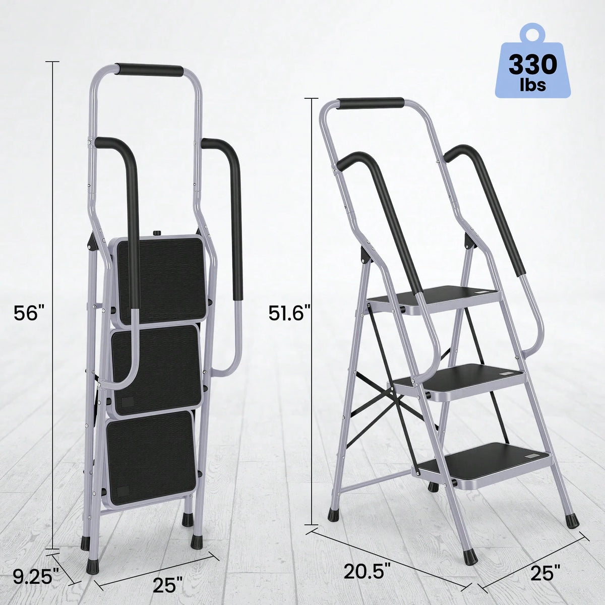 GCCSJ 3 Step Ladder Folding Step Stool,Ladder With Handrails.3 Step Ladder With Handrails, Sturdy Steel Step Ladder 3 Step Folding, Portable Folding Step Stool With S-Afety Lock, 330LBS Capacity Ladde