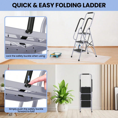GCCSJ 3 Step Ladder Folding Step Stool,Ladder With Handrails.3 Step Ladder With Handrails, Sturdy Steel Step Ladder 3 Step Folding, Portable Folding Step Stool With S-Afety Lock, 330LBS Capacity Ladde