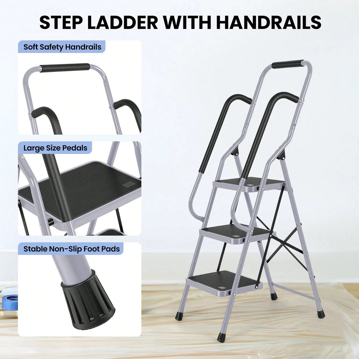 GCCSJ 3 Step Ladder Folding Step Stool,Ladder With Handrails.3 Step Ladder With Handrails, Sturdy Steel Step Ladder 3 Step Folding, Portable Folding Step Stool With S-Afety Lock, 330LBS Capacity Ladde