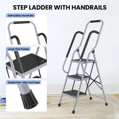 GCCSJ 3 Step Ladder Folding Step Stool,Ladder With Handrails.3 Step Ladder With Handrails, Sturdy Steel Step Ladder 3 Step Folding, Portable Folding Step Stool With S-Afety Lock, 330LBS Capacity Ladde