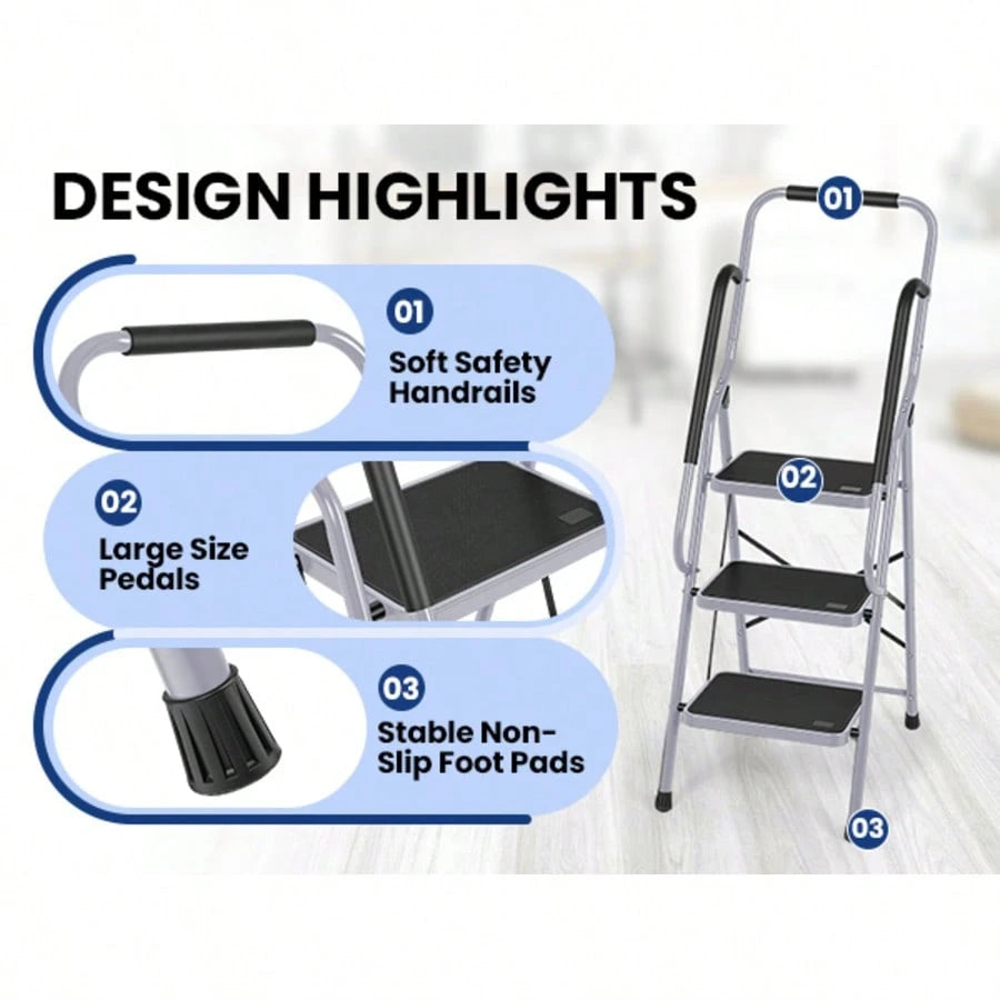 GCCSJ 3 Step Ladder Folding Step Stool,Ladder With Handrails.3 Step Ladder With Handrails, Sturdy Steel Step Ladder 3 Step Folding, Portable Folding Step Stool With S-Afety Lock, 330LBS Capacity Ladde