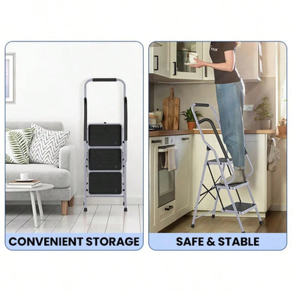 GCCSJ 3 Step Ladder Folding Step Stool,Ladder With Handrails.3 Step Ladder With Handrails, Sturdy Steel Step Ladder 3 Step Folding, Portable Folding Step Stool With S-Afety Lock, 330LBS Capacity Ladde