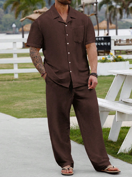 Genlund Plus Size Men Summer Single-Breasted Solid Color Short Sleeve Shirt And Pants Set, Cozy Outfits, Holiday, Formal